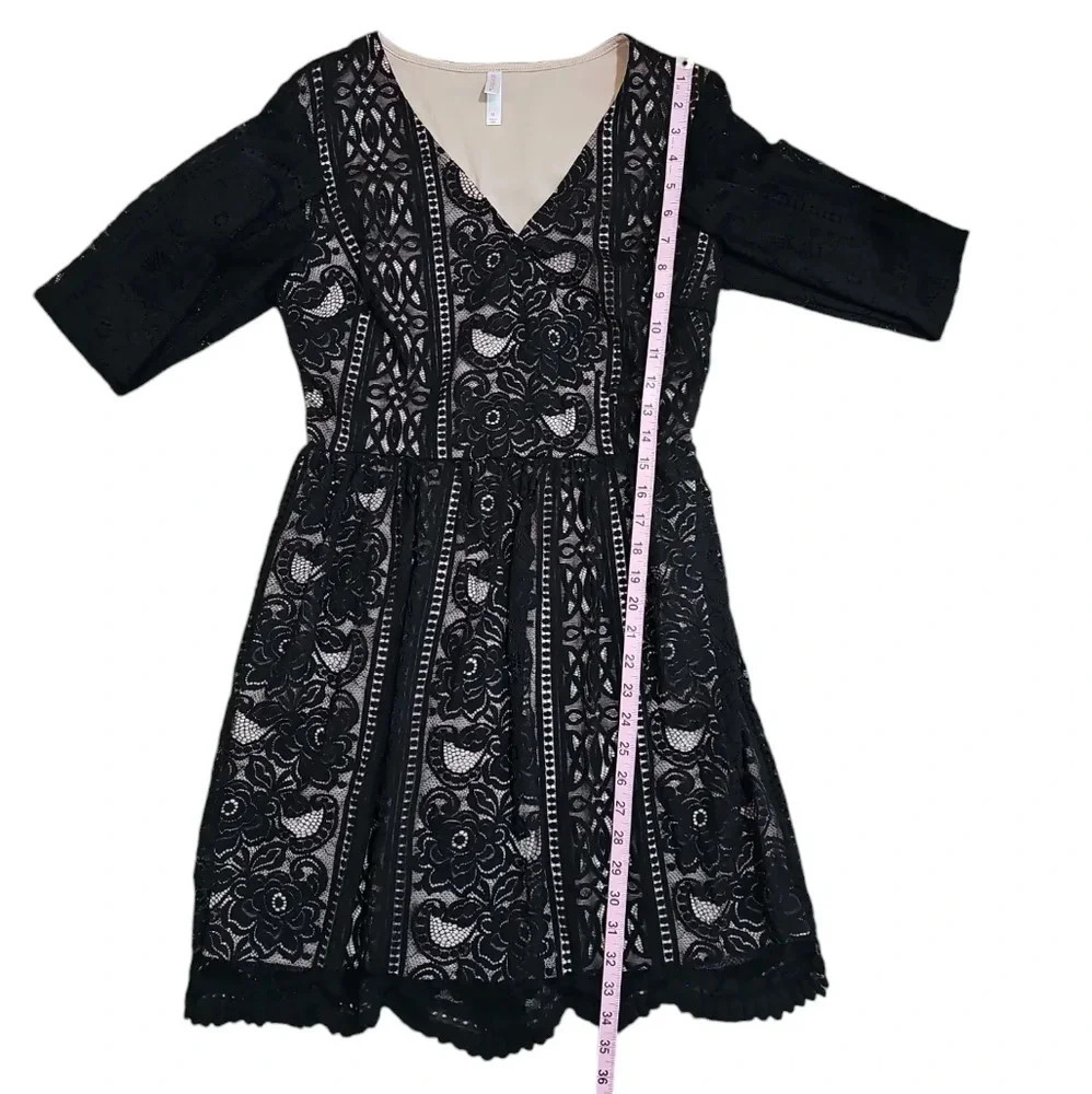 Xhilaration Womens M Black Lace Faux Wrap Dress Nude Lining Goth Whimsy Cottage - Picture 7 of 7